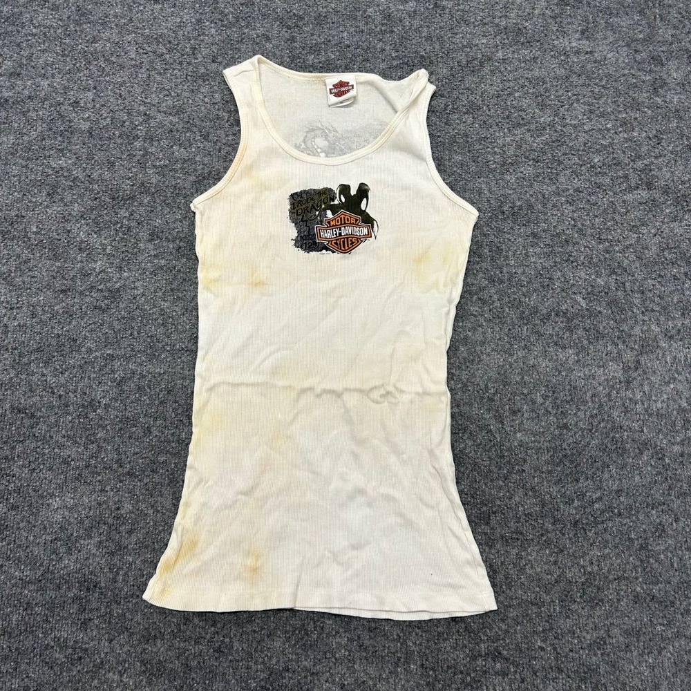 Harley-Davidson Tank Top Womens XXL White Ribbed Smoky Mountain Dragon Stained